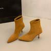 Botines de Tacón Alto Punta Fina Tubo Corto de Gamuza y Color Nude Estilo Francés para Mujer Otoño e Invierno 2025 Nuevos Retro Elásticos Versátiles Ajustados