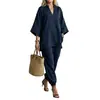2026 Moda Transfronteriza Europea y Americana Primavera/Verano Conjunto de Top Casual con Cuello en V y Manga Tres Cuartos para Mujer y Pantalones Jogger de Corte Holgado