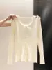 Cárdigan de Punto Suave con Cuello en U para Mujer, Primavera/Otoño, Suéter de Encaje con Lazo de Encaje, Cierre de Botones, Manga Larga, Base