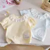 Camiseta de Manga Curta Estilo Coreano para Meninas, Roupa de Verão, Camiseta Básica Estilosa para Crianças, Top Doce com Gola de Babado para Bebê para o Verão