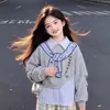 Conjunto Casual de Chicas Estilo Escolar con Sudadera con Capucha de Retazos Rayados con Solapa, Talla Mediana a Grande