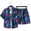 Camisa con Estampado Completo Vintage Gris Estilo Hong Kong Florales Traje Manga Corta Duffy Atractivo Conjunto Sedoso Deslizante con Caída Vestido de Pareja para Hombres y Mujeres