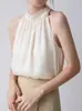 Camisola de seda texturizada estilo francés con cuello halter para mujer, moda de alta gama con un elegante diseño de hombro cut-out, top sin mangas adecuado para usar debajo de un blazer.