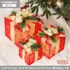 Caixa de Presente de Natal com Luzes, Decorações Xadrez Vermelho e Preto, Caixa Vazia, Enfeites de Pinha, Arranjo de Cena, Conjunto de Caixa de Presente de Três Peças