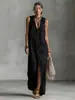 Estación Independiente Comercio Exterior Verano Europeo y Americano AliExpress Transfronterizo Nuevo Estilo Abotonado Sin Mangas Con Capucha Vestido Largo Ropa de Mujer