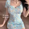 Este Vestido Camiseta Floral Pastoral Vestible para Mujer es de Ajuste Delgado, Alta Elasticidad, Manga Corta, Ropa Interior y Exterior Nuevo Estilo de Verano