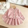 Cárdigan Suéter para Niña con Patrón de Corazón Hueco, Nuevo Tejido Otoño/Invierno, Combinado con Falda Plisada Casual Linda Conjunto de Dos Piezas