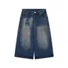 Calça Capri Jeans Lavada Estilo Retrô Americano para Mulheres, Novo Estilo de Verão, Cintura Alta, Caimento Solto, Tamanho Grande, Shorts Jeans Reto de Perna Larga