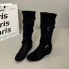 Zapatos Nuevos 2026 Estilo Coreano Hebilla Adelgazante Estilo Occidental Plisado Tacón Oculto Apilado Botas de Caballero Botas Largas Botas Vaqueras para Mujer