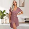 Europa y Estados Unidos transfronterizos verano nuevo mujer color liso cuello en V manga corta vestido largo gofre pijama moda sexy hogar