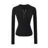 Atacado de Roupas Femininas Transfronteiriças Estilo Europeu e Americano Camiseta com Efeito Emagrecedor Novidade Outono e Inverno 2025 Tops de Manga Longa Cor Lisa