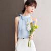 Camisa sin mangas French Niche para mujer, diseño Niche, elegante, azul brillante, con cordones en el cuello y hombros descubiertos.