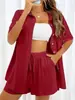 Punto Cruzado Aliexpress Moda Pantalones Cortos Traje de Camisa de Color Puro de Dos Piezas para Mujer Casual Holgado de Manga Corta Fila Única