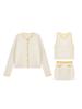 Estoque Disponível Conjunto de Tricô Xiaoxiang Seda Dourada Cor Contrastante Cardigan + Colete + Saia Curta Look Emagrecedor Elegante Conjunto de Três Peças para Mulheres