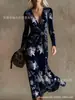 Vestido Transfronteiriço Novo Estilo com Decote em V e Mangas Longas com Elementos de Impressão Digital 3D, Saia Fashion e Personalizada para Marcar a Cintura para Mulheres