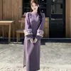Vestido Cheongsam Morado Grueso de Terciopelo Talla Grande Traje de Chal con Capa Peluda Invierno Diario Nuevo Chinoiserie Falda Larga