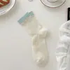 Calcetines lisos de color sólido para mujer, estilo coreano, calcetines de media pantorrilla con bloques de color de moda, calcetines finos de media pantorrilla calados para primavera y verano, calcetines de algodón