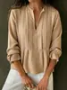 Ropa Femenina Europea y Americana Transfronteriza 2025 Amazon Nueva Camisa de Algodón y Lino de Rayas de Color Sólido con Cuello en V de Manga Larga Casual para Mujer