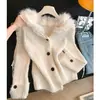 Suéter Listrado de Pelo Sintético Cor de Raposa Estilo Preguiçoso para Mulheres, Cardigan com Gola tipo Lã, Blusa Emagrecedora 9583