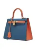 2025 Bolso Kelly Bloque de Color Bolso de Mano de Cuero Genuino Bolso de Hombro de Piel de Vaca Estampada en Palma Bolso Cruzado Moda Simple Transfronteriza