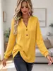 Amazon Cross-Border Roupas Femininas Outono e Inverno Novo Estilo Gola V Fashion Versátil Elegante Design de Botões Texturizado Cor Sólida Top