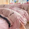 Juego de Cama Grueso de Terciopelo de Leche Estampado de Invierno de Cuatro Piezas, Funda de Edredón de Forro Polar de Alto Peso, Sábana, Ropa de Cama