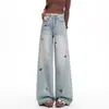 Calça Jeans Bordada Estilo Retrô Americano com Cachorrinho para Mulheres, Nova Coleção Primavera 2026, Fina, Cintura Alta, Solta, Perna Larga, Caimento Fluido
