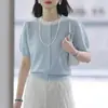 Top de Punto con Abalorios Pesados, Cuello Redondo y Manga Corta para Mujer, Nuevo Estilo Verano 2026, Adelgazante, Elegante, Versátil, Dulce y Moderno