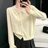 Cardigan suéter de malha com gola polo de renda e mangas compridas para mulheres, primavera e outono, caimento solto, emagrecedor, peça de outer wear elegante e de alta qualidade