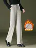 1050 Nuevo Llegado de Invierno Jeans de Pierna Ancha para Mujer Pantalones Casuales Engrosados con Forro Polar para Mujer Pantalones de Traje Formal de Pierna Recta de Tencel