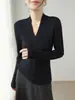 Suéter de Lana Tejido Delgado con Cuello en V y Diseño de Onda de Agua para Mujer Otoño Manga Larga Prenda Base Interior y Exterior Color Albaricoque