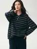 Suéter de Cashmere com Gola Polo Feminino Outono 2026, Tricô Listrado de Manga Longa, Estilo Old Money, Top Relaxado e Casual