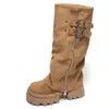 Botas de plataforma de tacón grueso retro color Maillard, botas altas para mujer, nuevo estilo de otoño 2026, botas que aumentan la altura para personas bajitas
