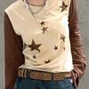 Camiseta de manga larga y cuello redondo para mujer, estilo retro informal con estampado de estrellas transfronterizas europeas y americanas Y2K, con contraste de colores y combinable