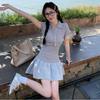 Vestido Curto com Gola Polo Costurada Novo Estilo Estilo Coreano Emagrecedor Manga Curta Estudante Saia Evasê Bufante Roupa Feminina