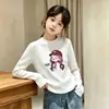 Camada Base de Fleece com Gola Redonda para Meninas Outono Inverno Roupa Íntima Casual Infantil Top Quente Camiseta com Estampa de Desenho Animado para Crianças Médias e Grandes