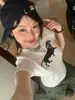 Camiseta de Manga Corta de Algodón Puro con Estampado Americano de Dachshund para Mujer, Hombro Normal, Cuello Redondo, Corte Ajustado, Top para Chica Popular, Estilo Ins