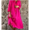 Vestido-camisa feminino estilo europeu e americano 2026 em verde fluorescente, corte solto, modelador, manga média, gola alta, vestido longo estilo cardigã