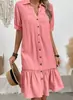 Ropa de Otoño Europea 2026 para Mujer Temperamento Elegante Moda Estilo Neutro Manga Corta Solapa Cárdigan Color Sólido Vestido Largo