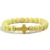 Pulsera de Turquesa Negra Transfronteriza, Pulsera de Cruz, Pulsera de Piedra Volcánica Mate, Pulsera Elástica de Yoga en Stock
