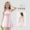 Maiô Kaixinyuan Feminino com Decote Quadrado, Mangas Pequenas Volumosas, Estampa Floral, Peça Única, Mangas Folha de Lótus, Emagrecedor e Disfarçador, Maiô Conservador para Resort e Fontes Termais