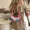 Bolsa Hobo para debajo del brazo con cuadros Vichy lindos para mujer, Bolso de hombro pequeño de nailon con correa fruncida, Adorno de encaje con patrón de manzana, Bolso de mano de estética dulce para atuendo casual