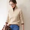 Suéter de cashmere com meio zíper estilo preguiçoso para mulheres, gola semi-alta, jacquard trançado, suéter quente de manga longa