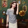 Nueva Camiseta de Manga Corta Estilo Chino Estilo Nacional 2026 Nueva Versátil Adelgazante para Mujer Verano Gris Estilo Europeo y Americano Elegante Estilo del Sudeste Asiático
