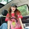 Playera Oversize de Algodón Puro con Graffiti de Dibujos Animados para Mujer, Personalizada, de Color Contrastante, Versión Grande Deslavada, Holgada, Casual, Cubre Vientre