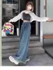 Jeans Retro de Talla Grande con Dobladillo Deshilachado para Mujer Primavera y Otoño Cintura Alta Efecto Adelgazante Diseño Holgado Pierna Recta Ancha Pantalones de Pata de Elefante