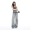 Jeans Wide Leg Solto Lavado a Laser Radial com Efeito Bigode Tridimensional de Cintura Baixa Estilo Novo Verão 26 para Mulheres