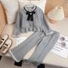 Traje de primavera y otoño para niñas, estilo coreano, estilo Chanel, nuevo estilo occidental de moda, con lazo y encaje, pantalones de pierna ancha para niñas, conjunto de dos piezas