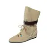 Botas vaqueras de encaje con cuentas estilo étnico, gamuza de vaca, otoño/invierno 2026, tacón medio, punta redonda, botines de cuero genuino para mujer