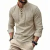2025 Nueva Camisa de Manga Larga para Hombre Estilo Americano con Cuello Alto y Cordones de Algodón y Lino Transpirable Holgada Casual Versátil